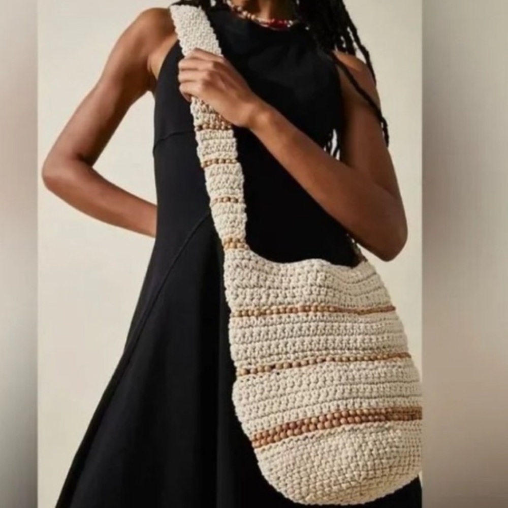 Free People Meet Me Mallorca White Sand Boho Handcrafted Cream Brown Crochet Bag